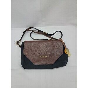 R. Riveter Canvas Leather Flap Crossbody Handbag Black & Brown 11x7x1.5